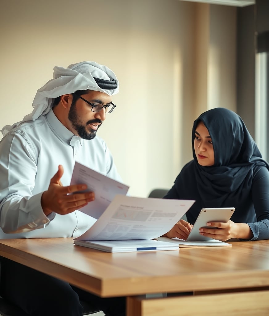 A mentor talking an intern through a printed report